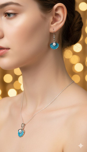 نیم ست صدفی استیل بدون زنجیر آبی